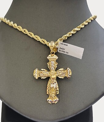 #ad Real 10k Yellow Gold Cross pendant With Rope Chain Necklace 5mm 22quot; SET Charm $793.61