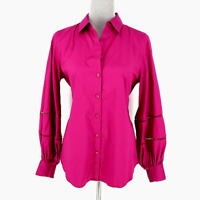 #ad Chicos Pink Shirt Top 0.5 Size 6 Womens Puff Cutout Sleeves Button Up Blouse $22.93
