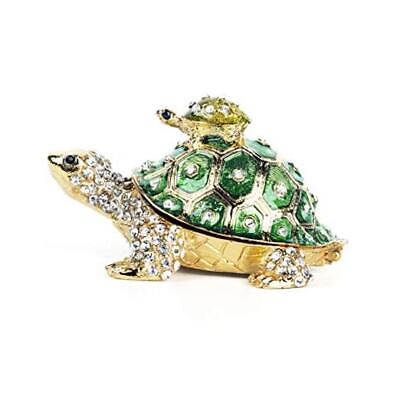 #ad Crystals Bejeweled Turtle Trinket Box Hinged Enameled Mother Green Turtle $39.18