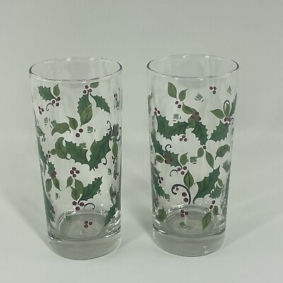 #ad Set of 2 Libbey Tumbler Glasses Christmas Holly Berry Holiday 12 oz NOS $24.99