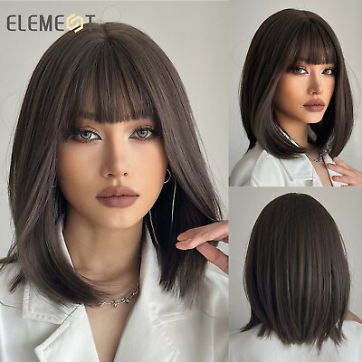 #ad ELEMENT Synthetic Short Bob Wigs for Women Dark Brown Straight Wig with Bangs $20.99