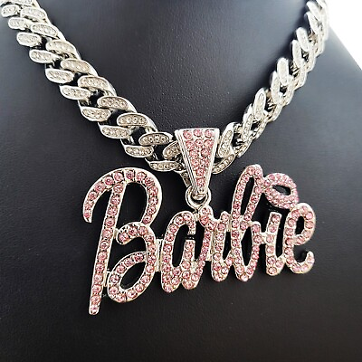 #ad Women Silver Plated Pink Barbie Charm amp; Iced Cubic Zirconia Cuban Chain Necklace $19.99