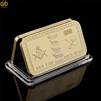 #ad Freemasons Tokens amp; Masonic Symbol Gold Plated Bullion Bar 2 Sided W Acrylic $4.41