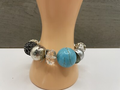 #ad 925 Sterling Silver Bead Ball Turquoise Blue Howlite Stretch Bracelet $26.00