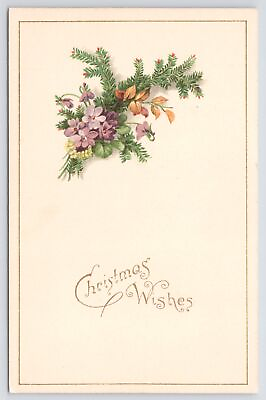 #ad Gold Christmas Wishes Bouquet Of Pine Violets Primrose Gold Line Border Vtg PC $3.70