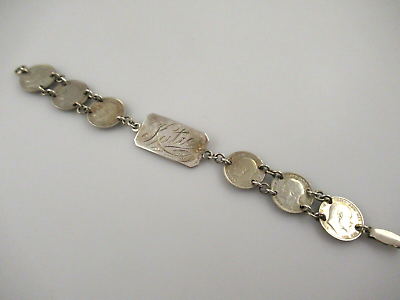 #ad Vintage Engraved quot;Katiequot; Silver amp; Sterling Three Pence Coin Bracelet 6 3 4 1945 $99.95