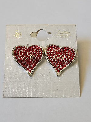 #ad New Sophia Collection SP Red pave heart Earrings stud Rhinestones $6.75