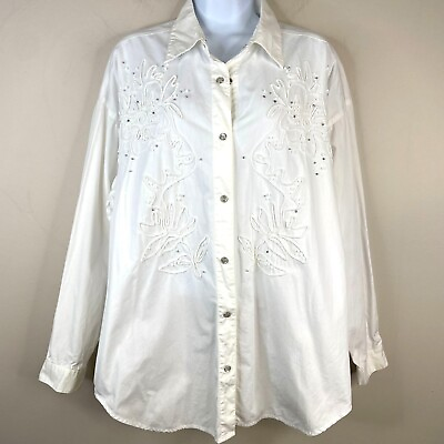 #ad Carole Little Womens PEARL SNAP Shirt Top 12 White EMBROIDERED Western $28.91
