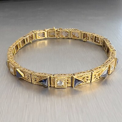 #ad Antique Art Deco 14k Yellow Gold Diamond Sapphire Filigree Bracelet 0.20ctw 9.4g $797.97