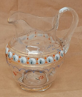 #ad Antique Art Glass Pitcher Blown Hand Painted Enamel Clear 5quot; tall $85.00