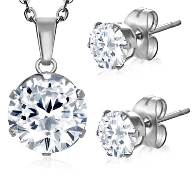 #ad Stainless Steel Silver Tone Solitaire CZ Pendant Necklace Stud Earrings Set $14.99