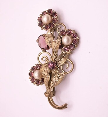 #ad Czech Purple Signed Flower Brooch Faux Pearl Leaf Filigree Vintage Gold Gilt $54.00