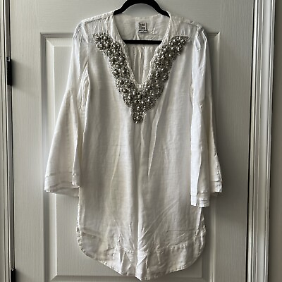 #ad 120 Lino Linen Tunic Shirt Off White Long Sleeve Sequin V Neck Shirt 48 XL US $69.00