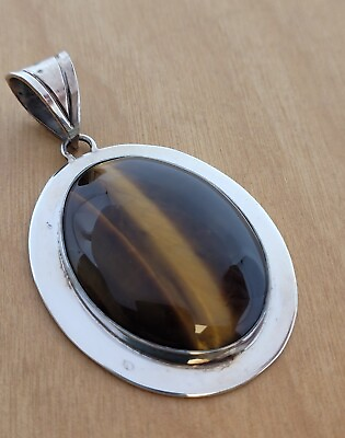 #ad Vintage Somerset Mexico 925 Sterling Silver Tigers Eye Oval Large Pendant 34.3g $55.00