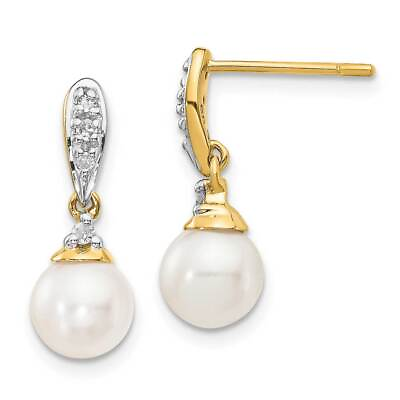 #ad 14k Gold 6 7mm White Round Freshwater Cultured Pearl .08ct Diamond Dangle $503.37