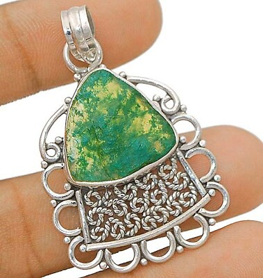 #ad Natural Moss Agate 925 Solid Genuine Sterling Silver Pendant ED14 5 $31.99