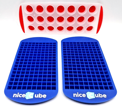#ad Set of 3 Ice Cube Trays Silicone 2 Blue 160 Mini Cubes 1 Red White 21 Cubes $10.99