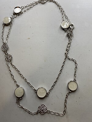 #ad 5.289 Vintage necklace chain long inserts enamel filigree $28.00