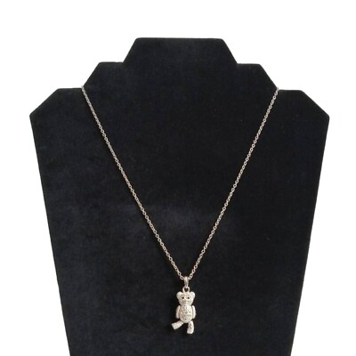 #ad Silver Toned Rhinestone Encrusted Jointed Teddy Bear Pendant Statement Necklace $20.00