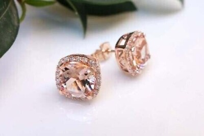 #ad 2Ct Cushion Cut Lab Created Morganite Halo Stud Earrings 14K Rose Gold Plated $56.69