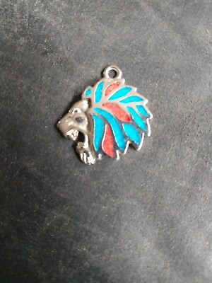 #ad Vtg Silver tone lions head pendant tribal Faux Turquoise Accents $12.00