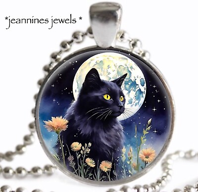 #ad Black Cat Full Moon NECKLACE Boho Wiccan Wicca ART PRINT Silver Charm Pendant $21.99
