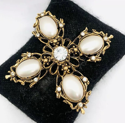 #ad Large Faux Pearl Rhinestone MALTESE CROSS Brooch Ornate Filigree Vintage Jewelry $58.50