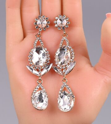 #ad 3.45quot; Gold Clear Tear Drop Rhinestone Prom Long Crystal Pageant Earrings $14.50
