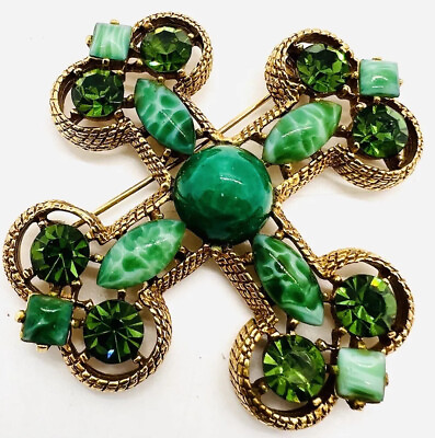 #ad Large CAPRI Peking Glass Rhinestone Maltese Cross Brooch Signed Vintage Jewelry $199.99