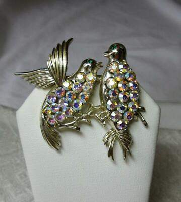 #ad Coro Vintage Lovebirds Bird Figural Pegasus AB Rhinestones 1960#x27;s Signed $55.00