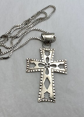 #ad TAXCO STERLING CROSS Cut out Stamped 3 3 4quot; w 30quot; Box Chain 925 40 grams $59.50