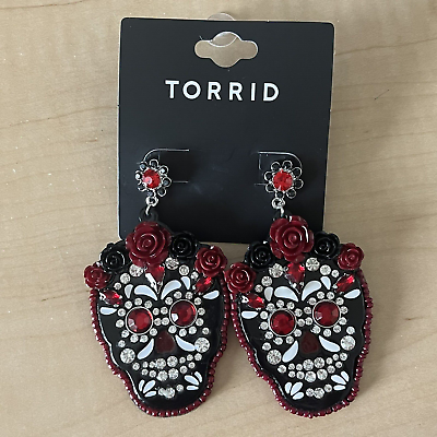 #ad TORRID Sugar Skull Earrings Bead trim stud post pierced rose bling Black Red New $13.86