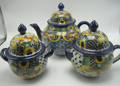 #ad 3 Piece Matching Vintage Talavera Mexico Pottery Teaset Teapot Creamer Sugar $95.20