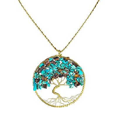 #ad Turquoise Tiger#x27;s Eye Stone Eternal Tree of Life Brass Long Necklace $12.99