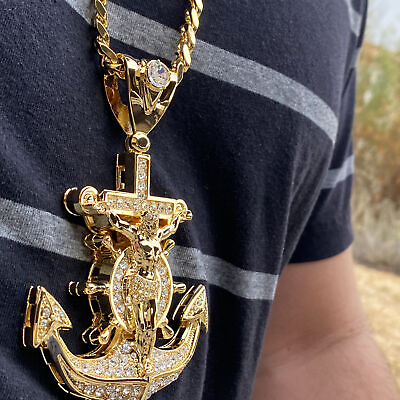 #ad 18K Gold Plated Huge Mariners Anchor Cross Jesus Cuban Chain Flooded Out CZ 30quot; $29.95