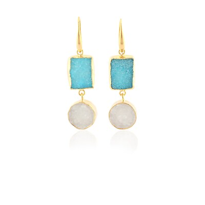 #ad Double Stone Natural Sky Blue White Sugar Druzy Gold Plated Drop Dangle Earrings $8.25