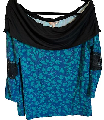 #ad Cacique Sophie Theallet Blouse Size 14 16 Turquoise Multi Off Shoulder Blouse $13.99