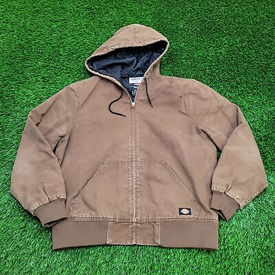 #ad Dickies Heavy Workwear Canvas Hooded Jacket L 24x26 Baggy Faded Brown Lined $49.99