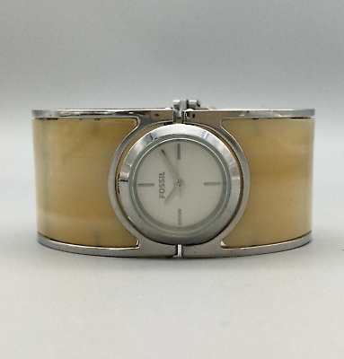 #ad Fossil Watch Women 29mm Silver Tone Yellow Hinged Cuff Band New Battery $33.99