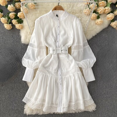 #ad Lady Lace Dress Long Puff Sleeve Button with Belt Tunic Stand Collar Elegant $37.69