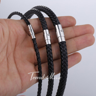 #ad 4 6 8MM Mens Black Braided Cord Rope Leather Necklace Choker w Magnetic Clasp $7.89