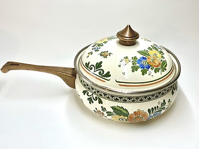 #ad ASTA Vintage German Enamel Covered Sauce Pan Bronze Handle 6.5quot; Floral Cookware $45.22