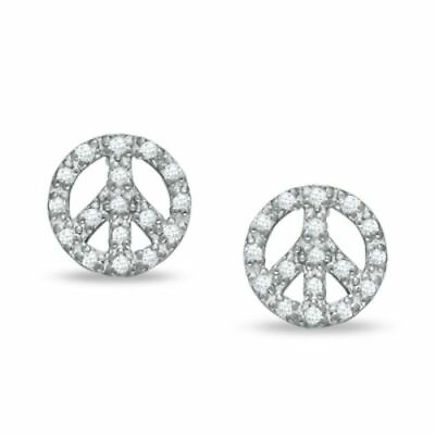 #ad Round Cut Simulated In 14K White Gold Plated Sterling Peace Sign Stud Earrings $63.47