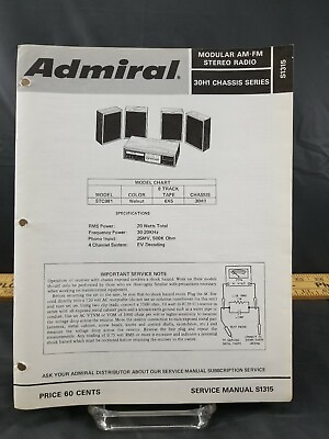 #ad Original Admiral Service Manual Modular AM FM Stereo Radio 30H1 Chassis... $8.86