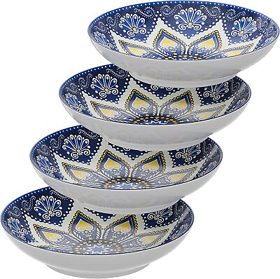 #ad American Atelier Pasta Bowls Set of 4 Large 9 inch Blue amp; Yellow Medallion $19.99