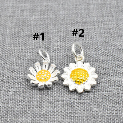 #ad 4 Sterling Silver Sunflower Charms Enameled 925 Silver Sun Flowers for Necklace $18.40
