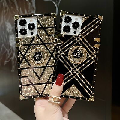 #ad Glitter Bling Gold Flower Square Case w Ring for iPhone 14 13 12 11 Pro Max X 15 $10.03