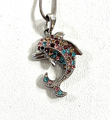 #ad Dolphin Charm Pendant Rhinestone Bling Silver Tone Necklace Fashion Jewelry $12.99