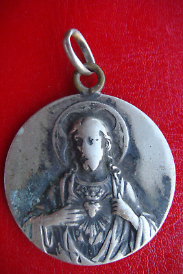 #ad SACRED HEARTS OF JESUS amp; MARY RARE ANTIQUE BEAUTIFUL SILVER RELIGIOUS MEDAL PEND $50.00