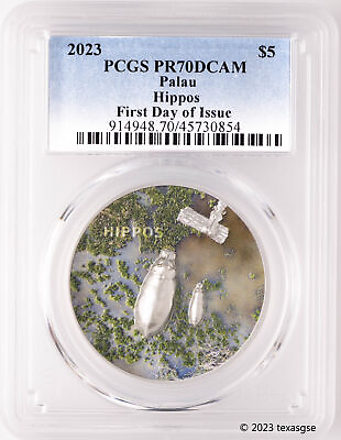 #ad 2023 Palau 1 oz Silver $5 Split Views Hippos First Day Issue PCGS PR70DCAM $89.00